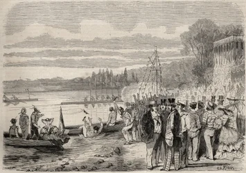 Canoéistes parisiens. Régates de Saint-Cloud en 1857. Gravure dans "Le Monde Illustré" de 1857. Collection privée.