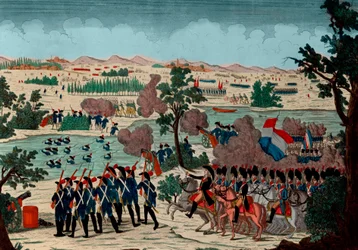 Passage du Mincio le 11 Prairial an IV (20 décembre 1800) par les grenadiers français. Sous les yeux de Bonaparte général en chef - Gravure - 1800 - La bataille de Pozzolo (également connue sous le nom de bataille du Mincio, et Monzambano) - Le passage du