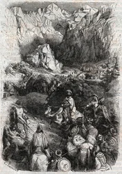 Passage des Pyrénées par les Maures - gravure de 1851 tirée de «Roland furieux» (Orlando furioso) (XVIe siècle) de Ludovico Ariosto - édition traduite de l