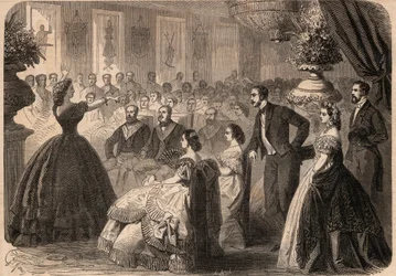 Pauline Viardot-Garcia (1821-1910), chanteuse française à la fête de charité donnée par la loge maçonnique La persévérante amitié au Grand Orient de Paris. Gravure dans Le Monde illustré de 1862. Collection privée.