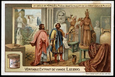 Siècle de Périclès (495-429 av. J.-C.) : le sculpteur Phidias (490-430 av. J.-C.) devant le modèle de sa célèbre statue de Minerve - Chromolithographie Liebig
