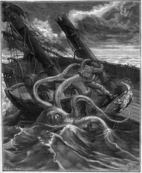 Aventures périlleuses de Narcisse Nicaise au Congo - par Armand Dubarry 1836-1910 - il avait devant lui un monstre marin formidable (poulpe géant) - gravure dans Journal des voyages de 1881