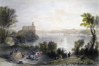 Château de Persenberg en Allemagne. Au premier plan, les travailleurs du bois au travail. Gravure du 19e siècle