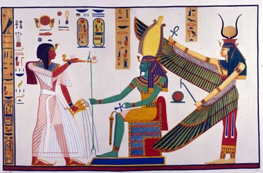 Le pharaon Ramsès IV fait des offrandes à Ptah-Sokari-Osiris. Derrière Osiris se trouve Isis. (Tombe de Bibah-el-Moluk) - dans « Monuments de l