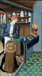 Pharmacie : un apothicaire, la cueillette des plantes et la préparation des médicaments (détail)
