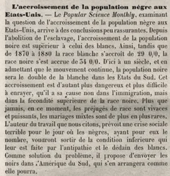 Croissance de la population aux États-Unis : commentaire raciste dans le livre selon un article de Popular Science Monthly. Préoccupé par l