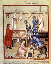 Production de porc. Le cochon est abattu et les bouchers découpent les morceaux. Enluminure du « Tacuinum sanitatis »
