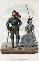 Portrait de Baudouin Ier, comte de Flandre, également connu sous le nom de Baudouin Bras de Fer. Gravure de 1842 dans « Histoire des papes » de Maurice Lachatre. Collection privée.
