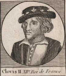 Portrait de Clovis II, Roi des Francs (v.633-657) - Clovis II (c.634-657), roi mérovingien de Neustrie et de Bourgogne (639-657) - gravure de "Instruction sur l