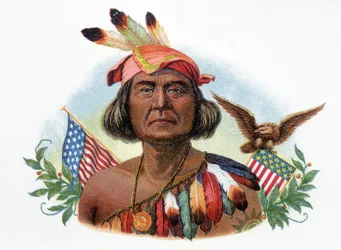 Portrait de Geronimo, chef Apache devant des drapeaux américains. Chromolithographie du 19e siècle.