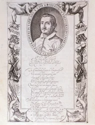 Portrait de Girolamo Frescobaldi (1583-1643) compositeur italien, gravure du frontispice de la partition de "Tocrate". 1637