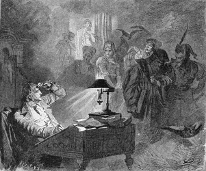 Portrait de Goethe entouré par les personnages de Faust (gravure)