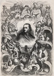 Portrait de Jacques Offenbach (1819-1880), compositeur français et directeur du théâtre des Bouffes Parisiens, entouré de personnages de ses œuvres - Gravure dans « Le Monde Illustré ».