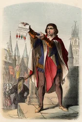 Portrait de Jacques ou Jacob van Artevelde (1287-1345) homme politique flamand. Gravure de 1868 dans "Histoire de Belgique depuis les temps primitifs jusqu