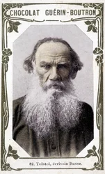 Portrait de Lev Nikolaïevitch, comte Tolstoï (Léon Tolstoï), écrivain russe (1828-1910). Vignette des chocolats Guérin-Boutron
