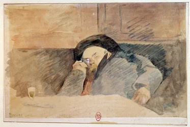 Portrait de Paul Verlaine (1844-1896), poète français, dormant au café Procope à Paris. Aquarelle du 19ème siècle. Paris, B. N.