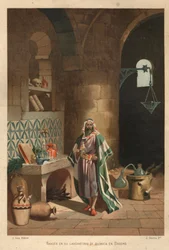 Portrait de Rhases (Rhazes, Razi, Al-Razi, Razis, ou Rases) (840-923) scientifique persan dans son laboratoire à Bagdad. Barcelone 1881