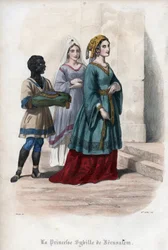 Portrait de Sibylle de Jérusalem (Sibylle de Jérusalem) (v. 1160-1190), princesse puis reine de Jérusalem. Gravure de 1842 tirée de «Histoire des popes» de Maurice Lachâtre. Collection privée.