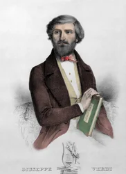 Portrait du compositeur italien Giuseppe Verdi (1813 - 1901) avec la partition de « I Due Foscari » Gravure de 1844.