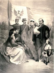 Portrait du patriote italien et héros du Risorgimento Giuseppe Garibaldi (1807-1882) entouré de ses enfants Menotti, Ricciotti debout et Teresita, Francesca Armosino et les petits Manlio et Clelia
