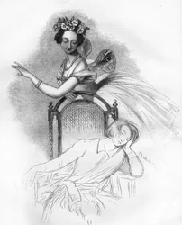 Portrait publié à la mort de Marie Taglioni (1804-1884), ballerine romantique française représentée ici dans le rôle de la fée Sylphide dans « Zephire et Flore » de Charles Louis Didelot. Gravure dans « Le Monde Illustré »