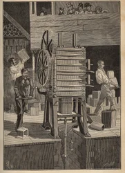 Poterie : moulage mécanique des pièces creuses. Gravure de 1885 dans "Les arts et métiers illustrés" par Adolphe Bitard.