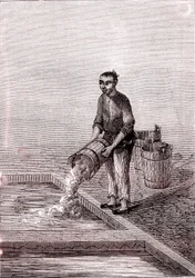 Versement de la chaux dans le bassin, fabrication du papier en Chine (IIIe siècle av. J.-C.) (gravure)