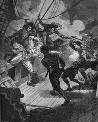 Corsaire Jean Bart (1650-1702) approchant un navire. Gravure du 19ème siècle. Dans « Histoire de France » de Jules Michelet
