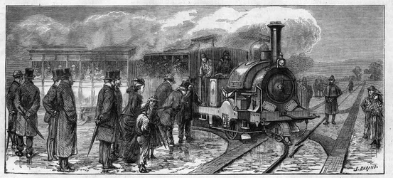 Transport public : omnibus à vapeur pour les tramways de Lisbonne (système Larmanjat). Portugal