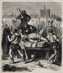 Supplice de François Ravaillac (1578-1610), assassin du roi Henri IV (1553-1610), place de Grève à Paris en 1610 - Gravure de 1879 dans « Histoire des sociétés secrètes, politiques et religieuses » de Pierre Zaccone (1817-1895)