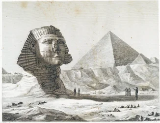 Pyramides de Gizeh : vue du Sphinx et de la Grande Pyramide, prise du sud-est - dans "Description de l