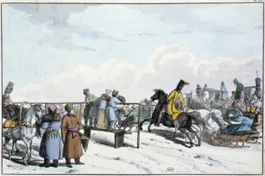 Course de chars et de chevaux en Russie - gravure