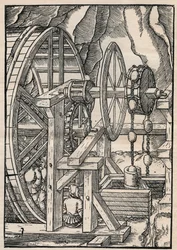 Pompe à chaîne et à godets pour drainer une mine opérée par des hommes sur une roue à aubes. De Agricola (George Bauer) De re metallica, Bâle