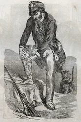 Rage - traitement des morsures faites par un animal enragé - blessé pressant sa plaie - gravure dans "La Santé Universelle - Guide Médical des Familles" 1852