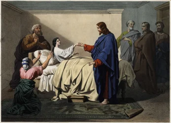 Résurrection de la fille de Jaïre - Jésus ressuscite la fille de Jaïre (Jairus ou Jairos). Gravure anonyme de la fin du XIXe siècle.