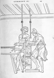 Réduction des fractures. Planche illustrée de « De dissectione partium corporis humani libri tres... » par Carlo Stefano Riverio, Paris 1545.