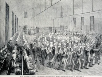 Procession religieuse des Shakers à New York. Illustration du 19ème siècle