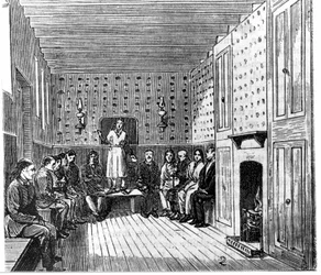 Réunion religieuse des Shakers américains. Gravure du 19ème siècle.