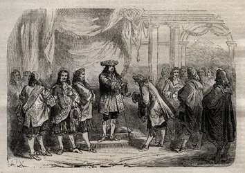René Duguay-Trouin (1673-1736) recevant la croix de Saint-Louis des mains du roi Louis XIV - gravure dans "Dictionnaire populaire illustré" - 1864