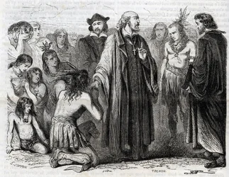 Représentation de Bartolomé de las Casas (1484-1566) prêtre dominicain, missionnaire auprès des Indiens (Portrait de Bartolomé de las Casas, frère dominicain et protecteur des Indiens) - gravure de 1860