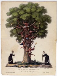 Représentation du noyer de Bénévent, sorcières et démons de la légende qui a inspiré le ballet « Il noce di Benevento » par le compositeur autrichien Franz Xaver Süssmayr. Illustration du 19ème siècle