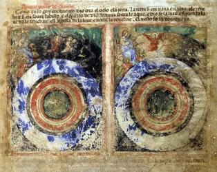 Représentation de la création du monde. Genèse. Miniature du codex 212 (ou codice padovano ou Bible de Padoue) 1390-1400 Rovigo, Accademia dei Concordi