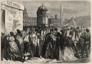 Révolution de septembre 1868 en Espagne (Gloriosa) : lecture du manifeste de la junte, dans la rue d