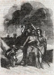 Rodomont abandonne Paris - gravure de 1851 de "Roland furieux" (Orlando furioso) (16ème siècle) par Ludovico Ariosto, dit l
