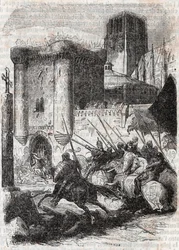 Rodomont brise les portes du Palais à Paris - gravure de 1851 de « Roland furieux » (Orlando furioso) (16ème siècle) par Ludovico Ariosto, dit l