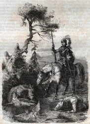 Roger utilisant le bouclier enchanté - gravure de 1851 de "Roland furieux" (Orlando furioso) (16ème siècle) par Ludovico Ariosto, dit l