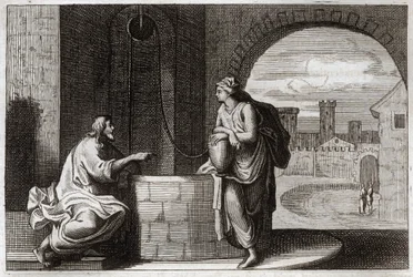 Bible de Royaumont, Nouveau Testament : Christ et la Samaritaine au puits. Jésus-Christ convertit une femme samaritaine. Illustration de 1811.