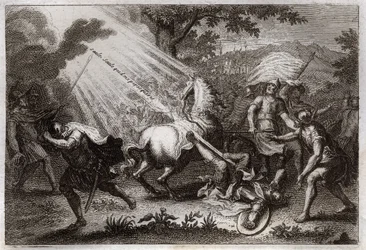 Bible de Royaumont, Nouveau Testament : Conversion de Saint Paul sur le chemin de Damas. Il entend la voix de Jésus-Christ qui lui dit « Saul, Saul, pourquoi me persécutes-tu ? » et un cheval tombe. Illustration de 1811.