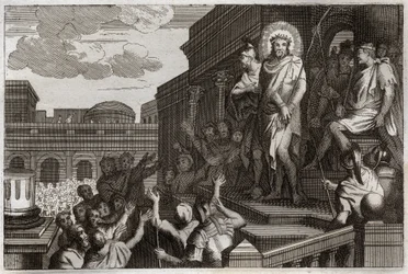 Bible de Royaumont, Nouveau Testament : Ecce homo. Ponce Pilate présente Jésus-Christ avec des épines à la foule en disant, « Voici l
