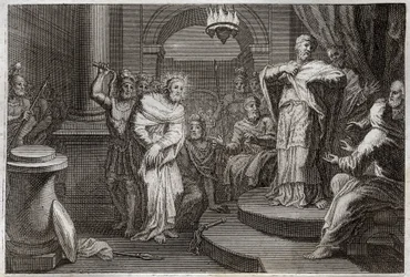 Bible de Royaumont, Nouveau Testament : Jésus-Christ devant Caïphe et Anan. Illustration de 1811.